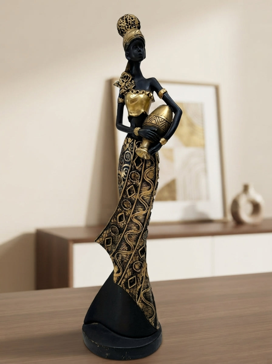 African Woman Statue with Water Jug | Black Gold Figurine