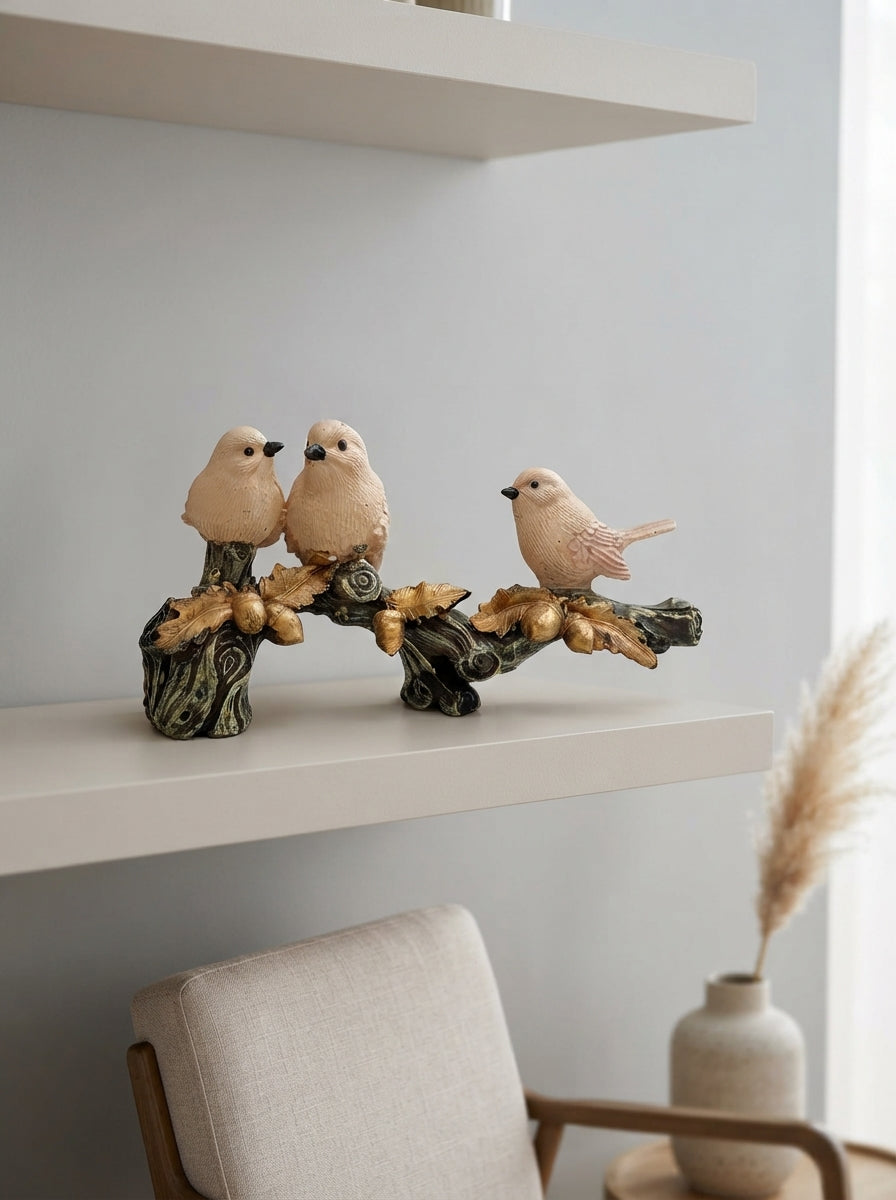 Three Sparrows on Branch Statue | Rustic Bird Figurine Decor
