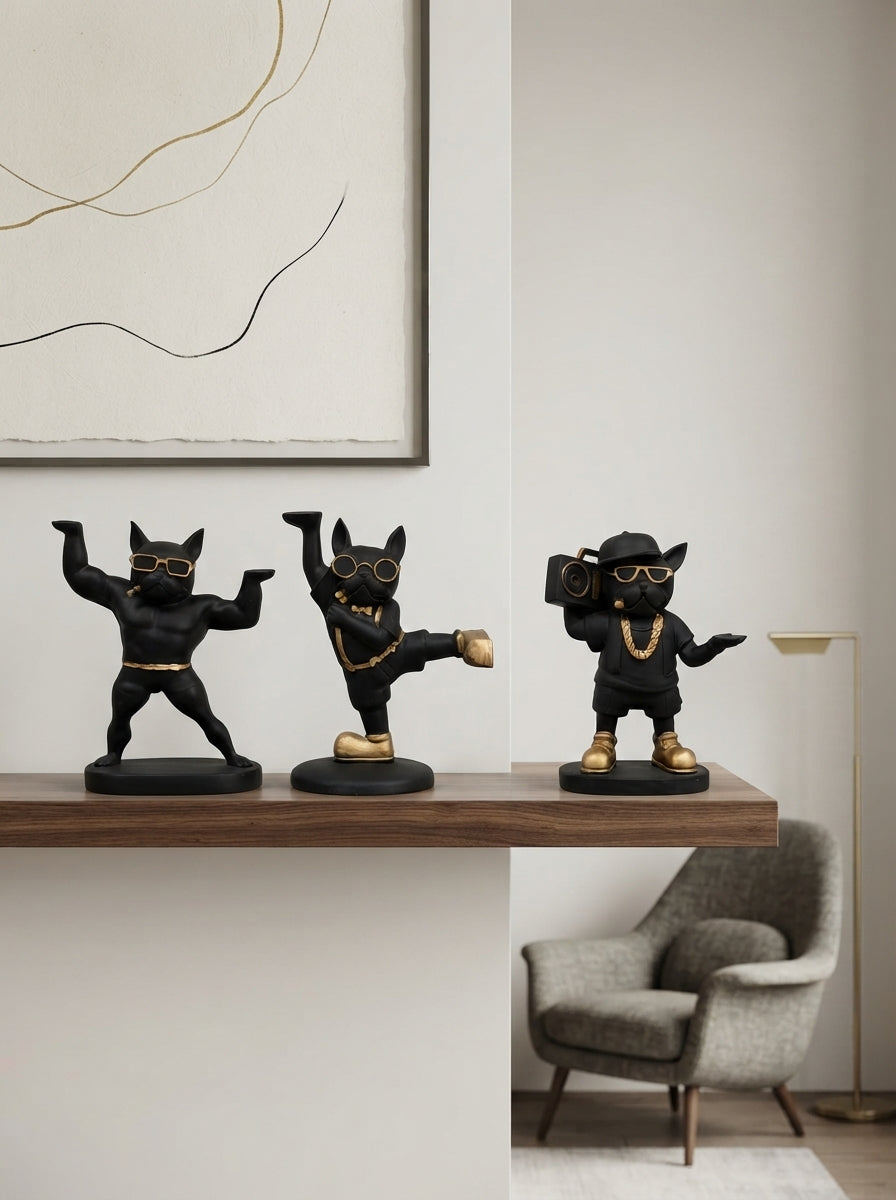 Gangster French Bulldog Statue Set | Black Gold Dog Figurine