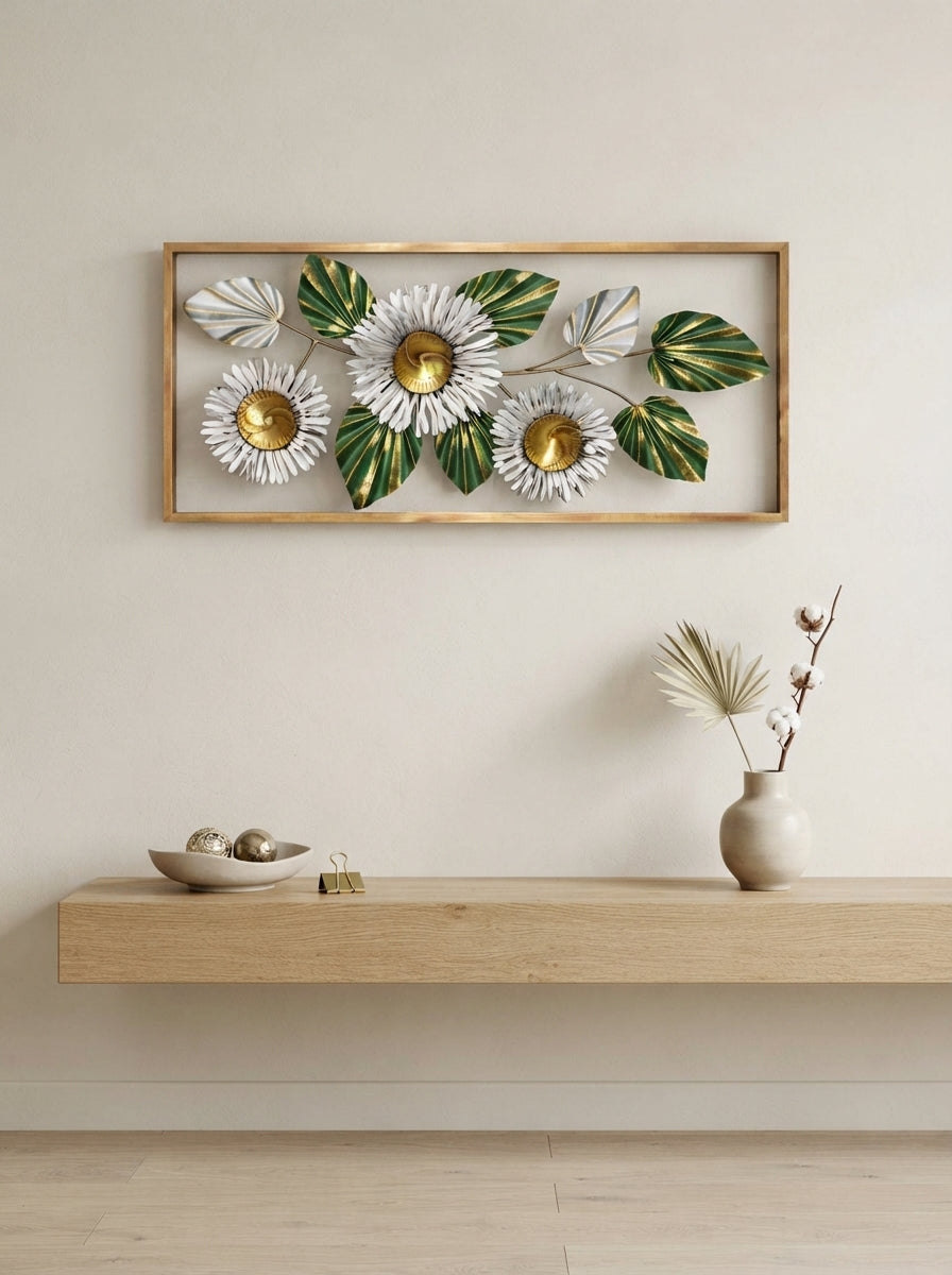 Framed 3 Flower Wall Art 38" x 18" – Decorative Metal Floral Wall Decor for Living Room & Bedroom