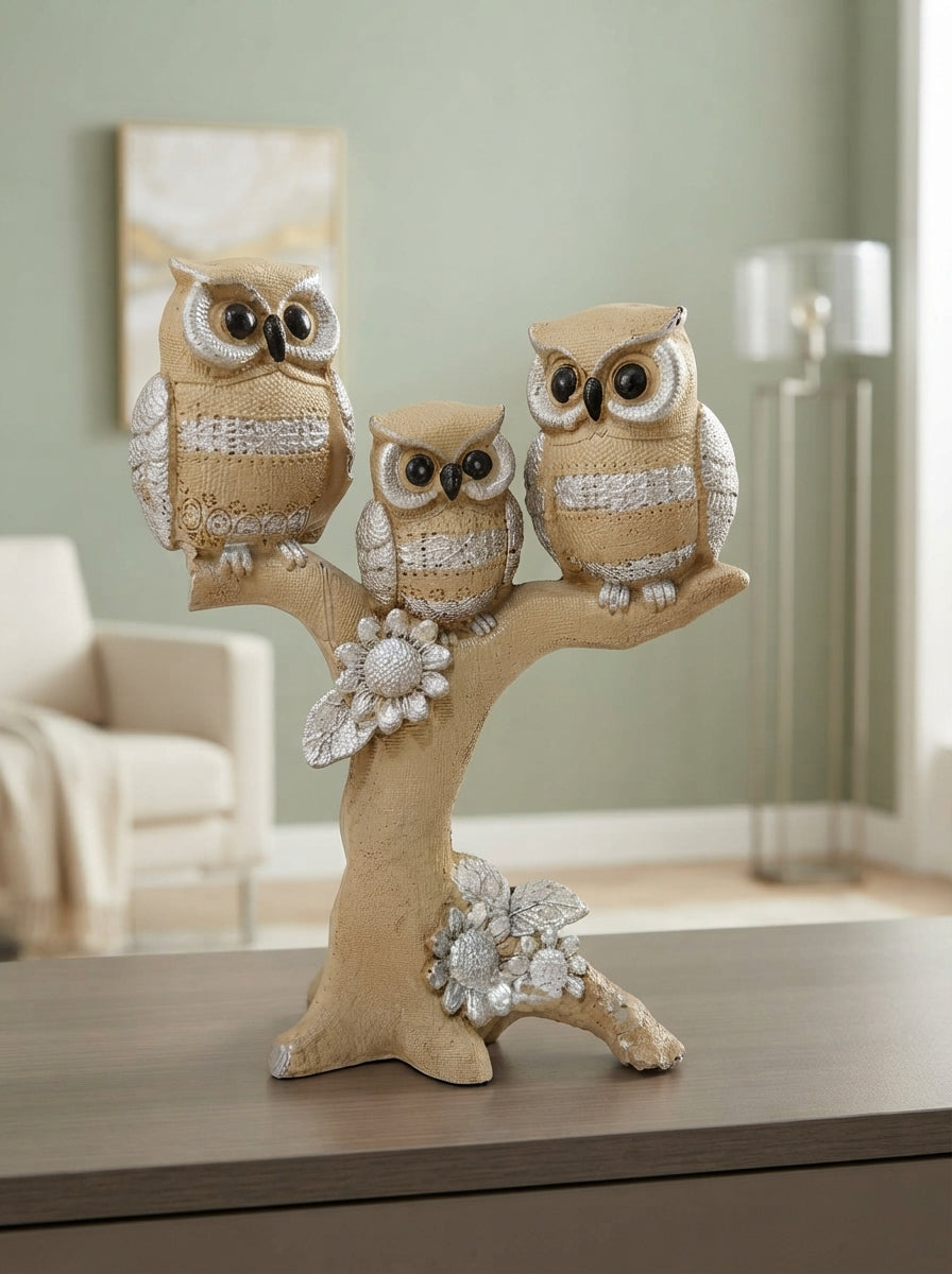Three Owls on Tree Branch Statue | Beige Silver Home Decor