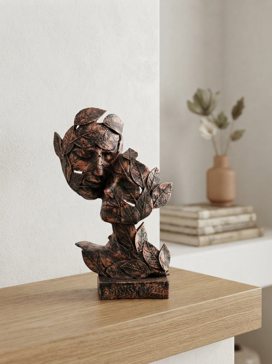 Two Faces in Leaves Sculpture | Copper Bronze Art Statue