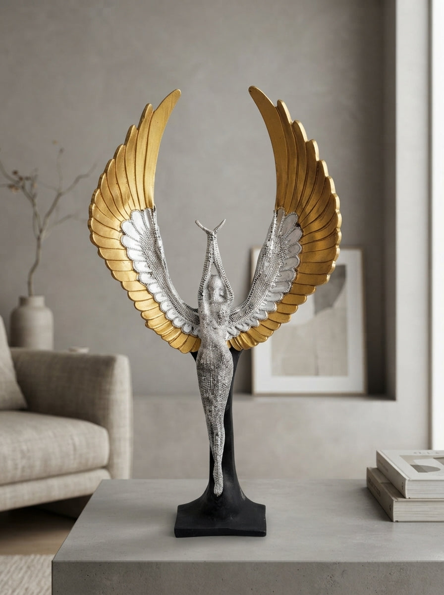 Angel Statue on Pedestal | Silver Gold Winged Sculpture