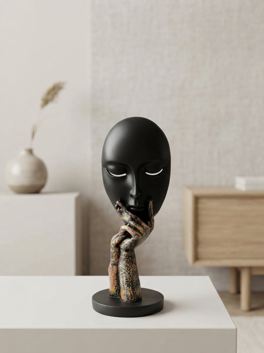 Thinking Face Statue with Hand | Black Modern Mask Decor