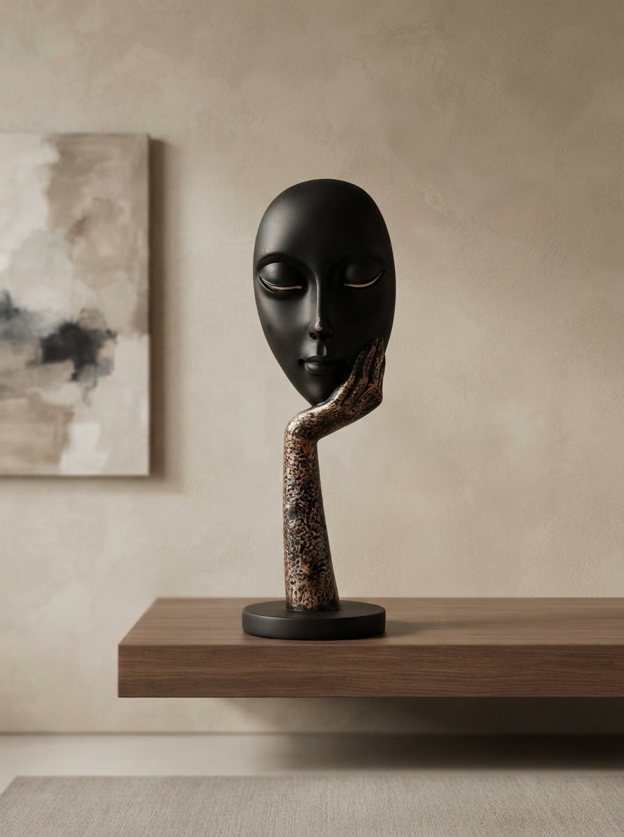 Resting Face Statue on Hand 13” | Black Modern Mask Decor