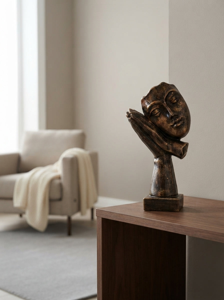 Sleeping Face Statue on Hands | Bronze Modern Mask Decor