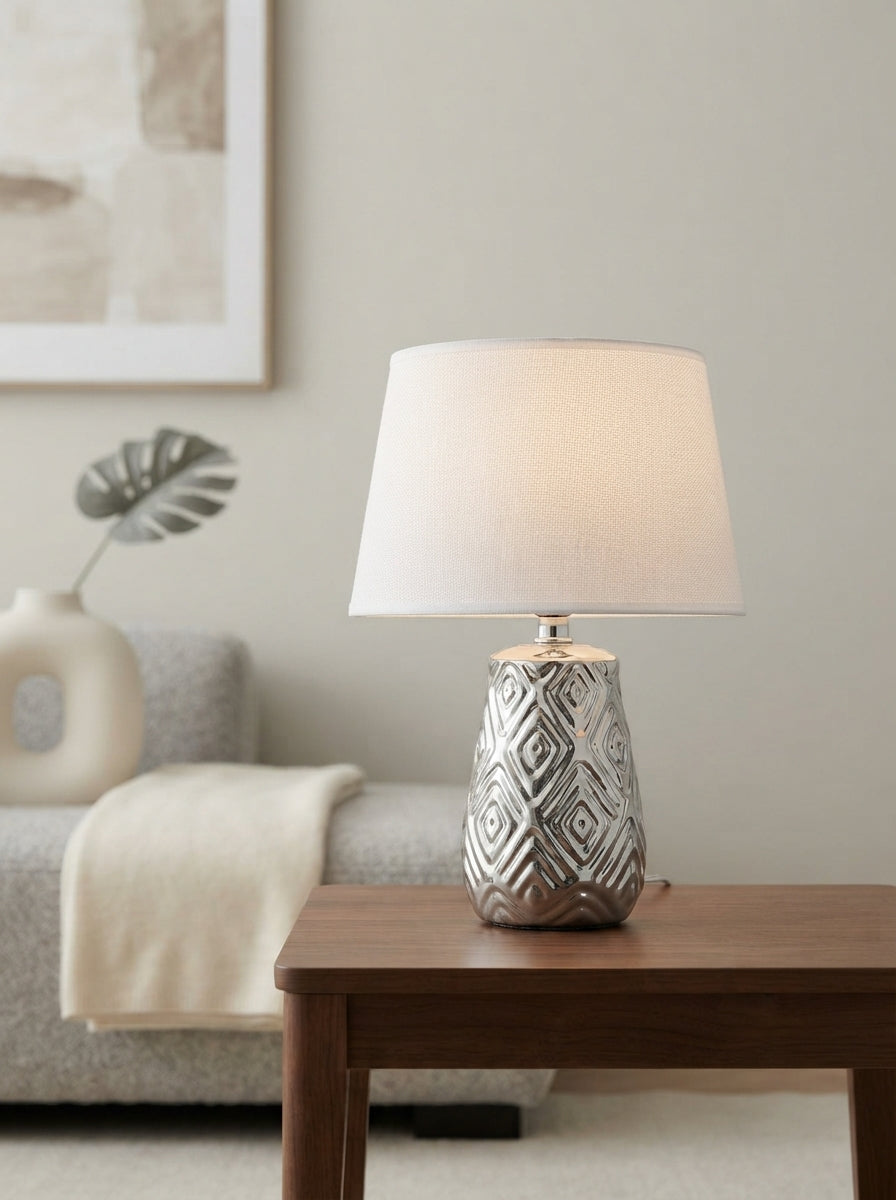 Ceramic Diamond Pattern Table Lamp | White Fabric Shade