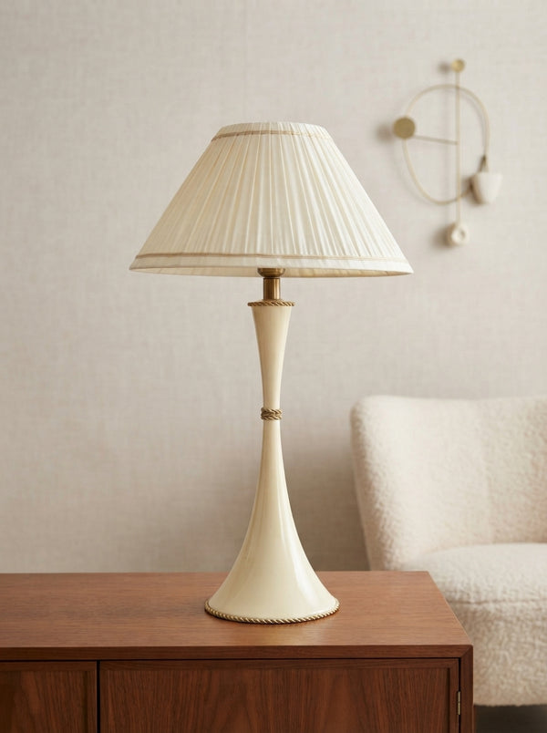 Cream Table Lamp with Pleated Shade | Brass Rope Trim Base