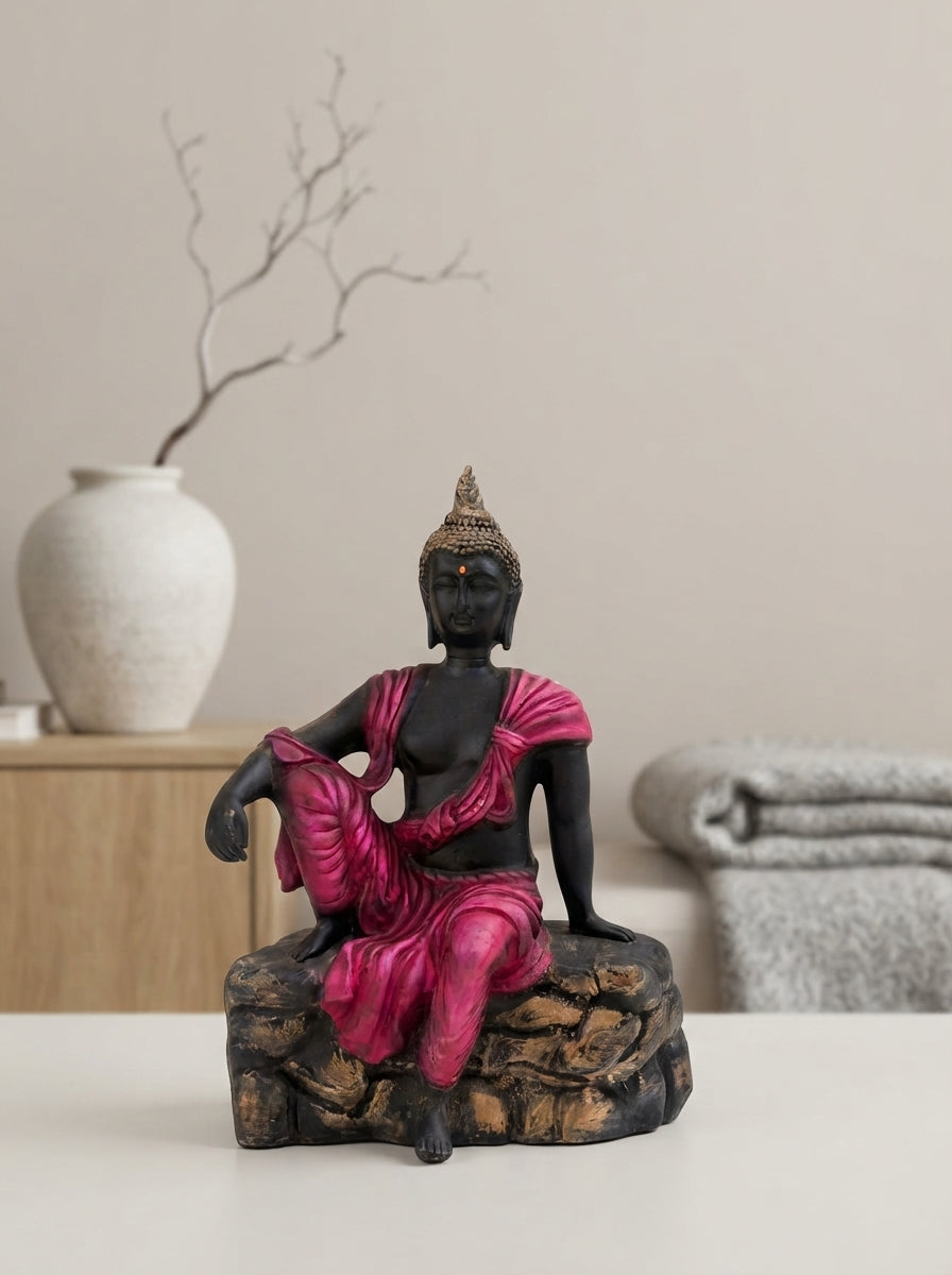 Black Magenta Relaxed Buddha Statue | Zen Decor