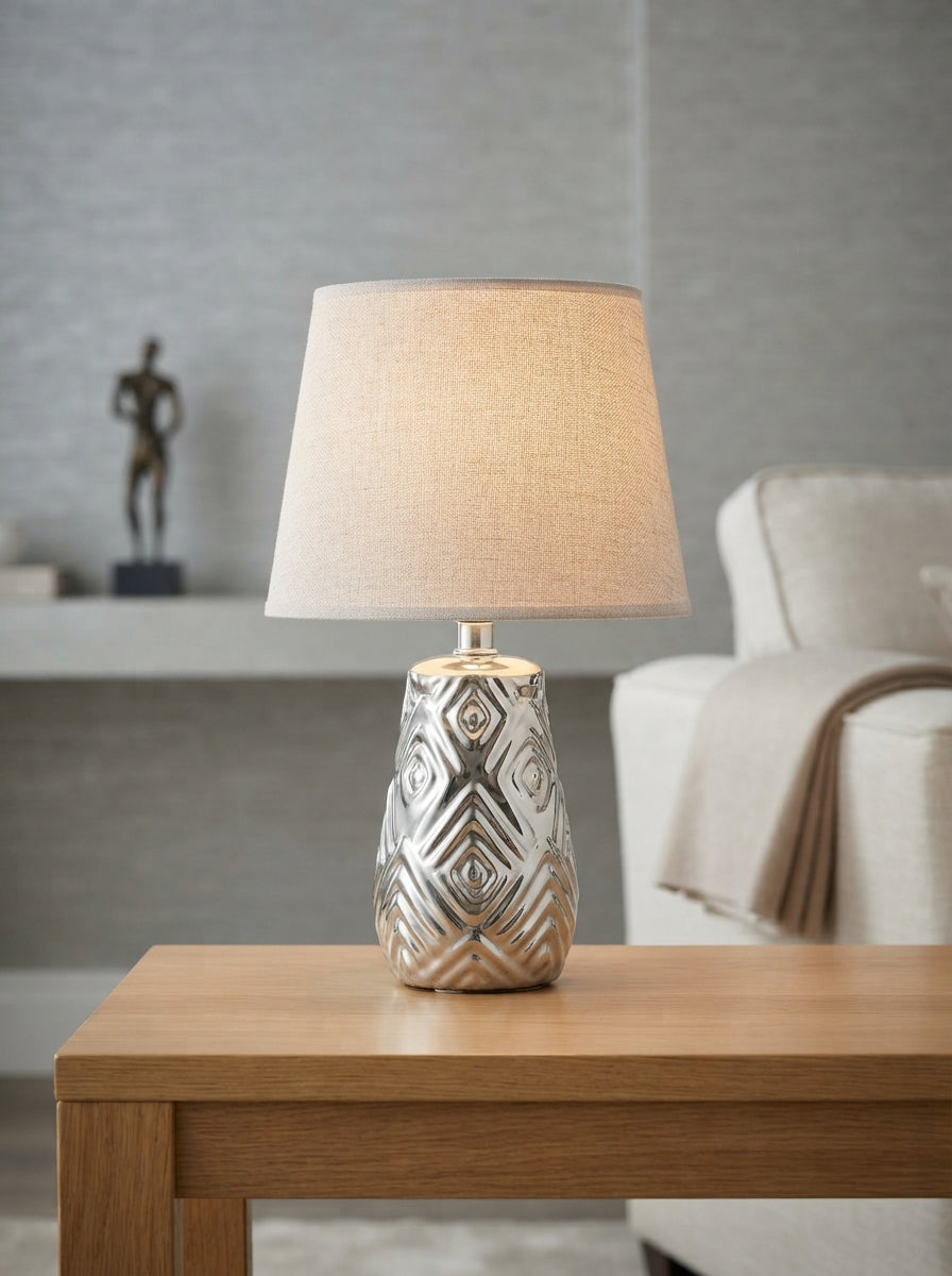 Ceramic Diamond Pattern Table Lamp | White Fabric Shade