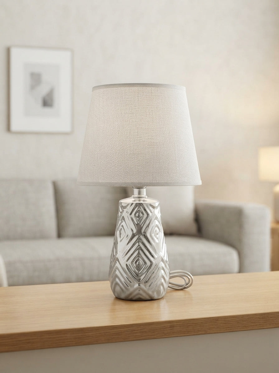 Ceramic Diamond Pattern Table Lamp | White Fabric Shade