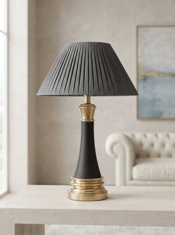 Black & Brass Table Lamp | Charcoal Pleated Shade Lamp