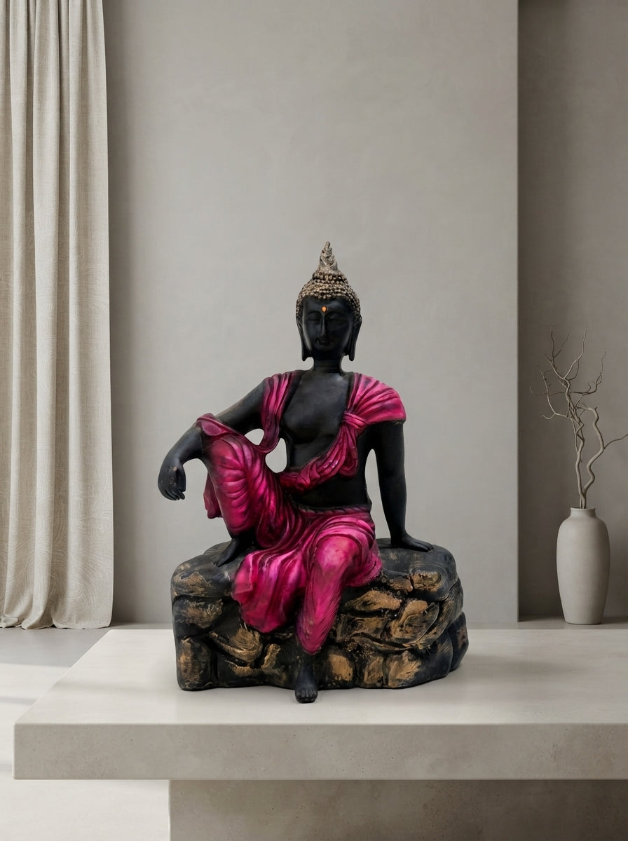 Black Magenta Relaxed Buddha Statue | Zen Decor