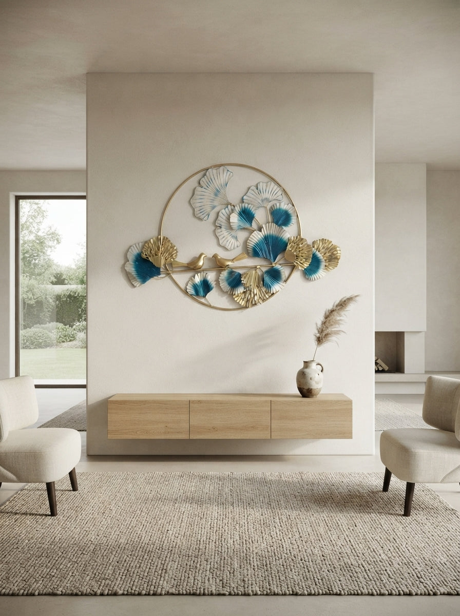 Gold Blue Ginkgo Leaf LED Wall Art | Bird Decor