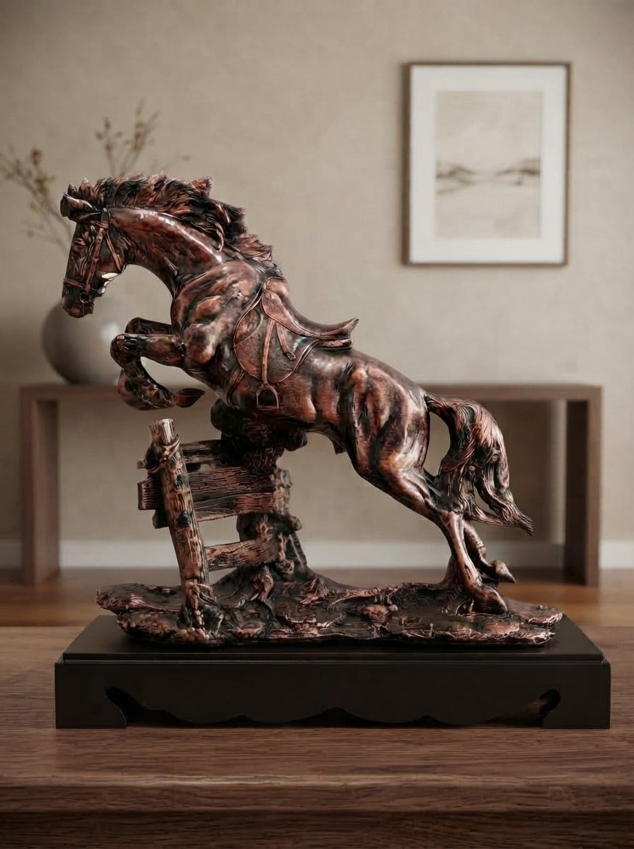 Bronze Finish Jumping Horse Statue | Elegant Equestrian Table Decor Showpiece