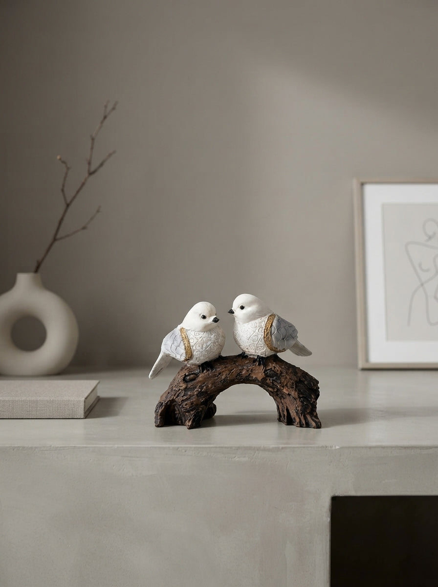 Two Love Birds Statue on Log | White Gold Bird Figurine