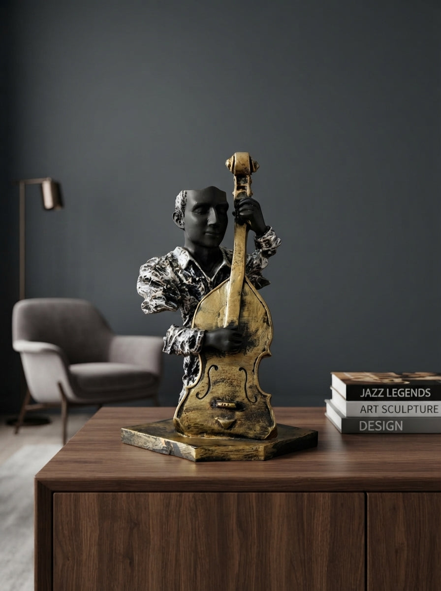 Double Bass Player Statue | Black Silver Musician Bust