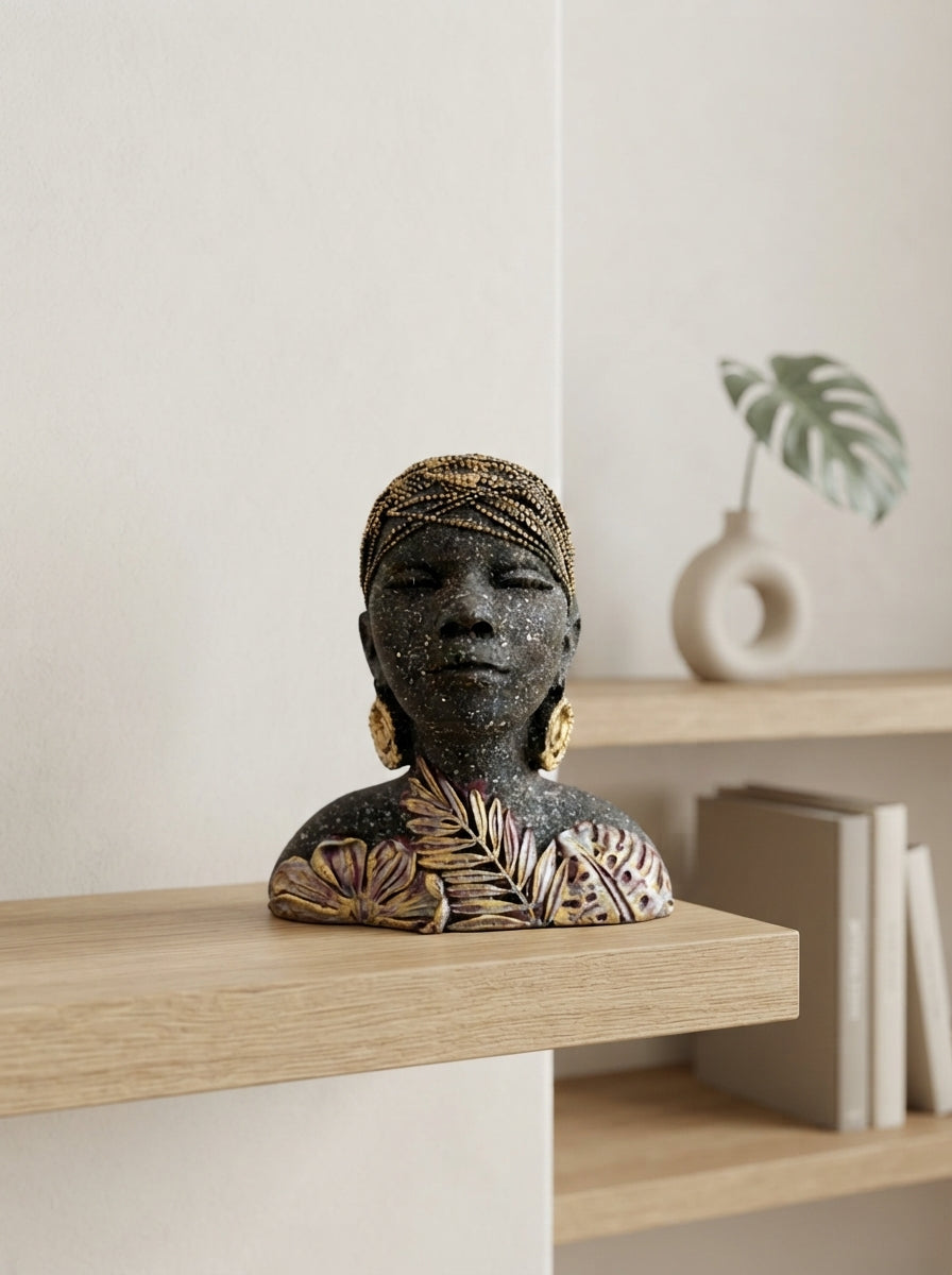 African Woman Bust Statue | Black Gold Speckled Figurine
