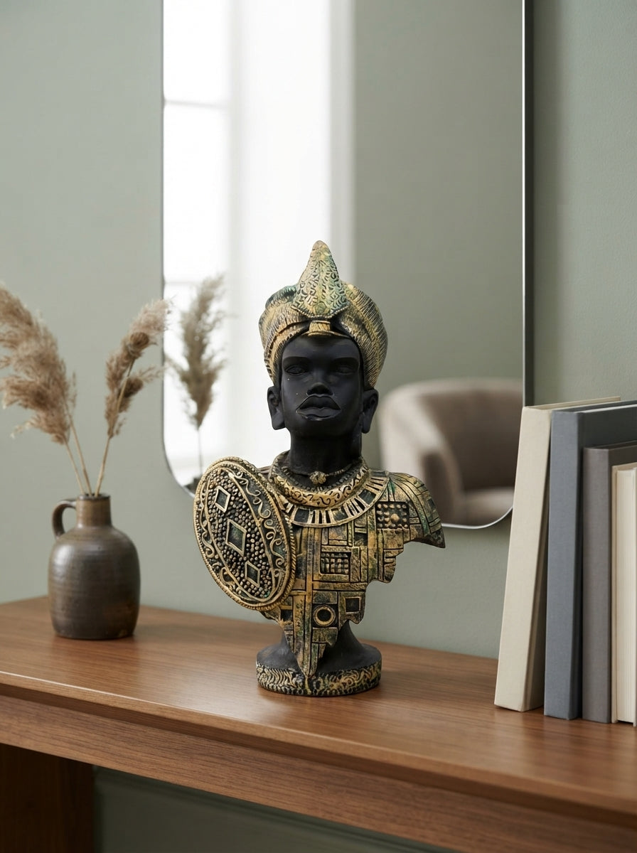 African King Bust Statue | Black Gold Warrior Figurine