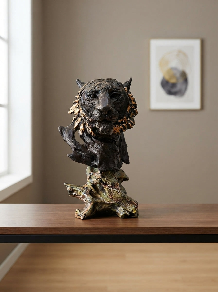 Tiger Head Bust Statue | Black Gold Wildlife Sculpture