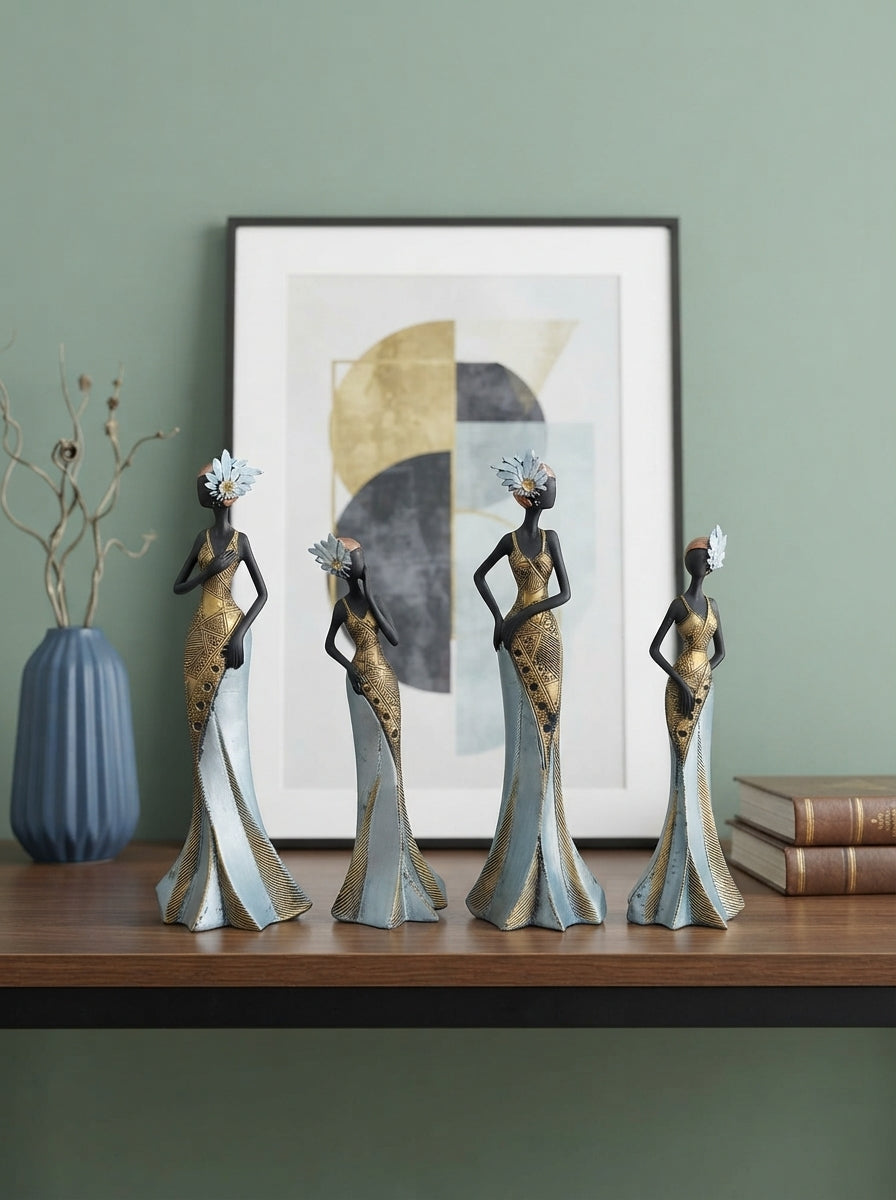 African Women Figurine Set of 4 | Black Gold Silver Statues