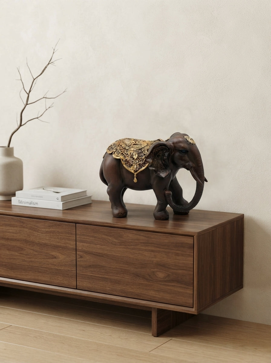 Brown Gold Embossed Elephant Statue 11"x9"x6" | Decor