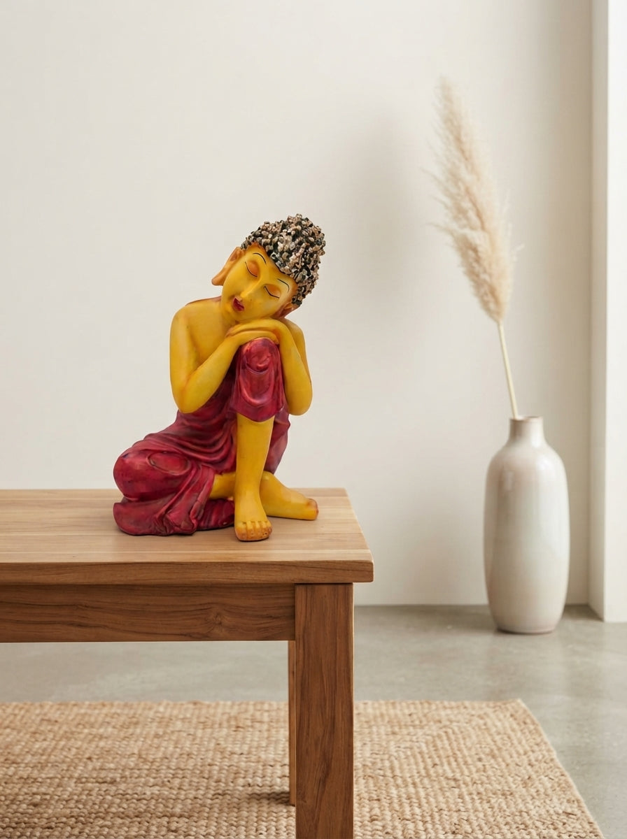 Mustard Maroon Resting Buddha Statue | Zen Decor