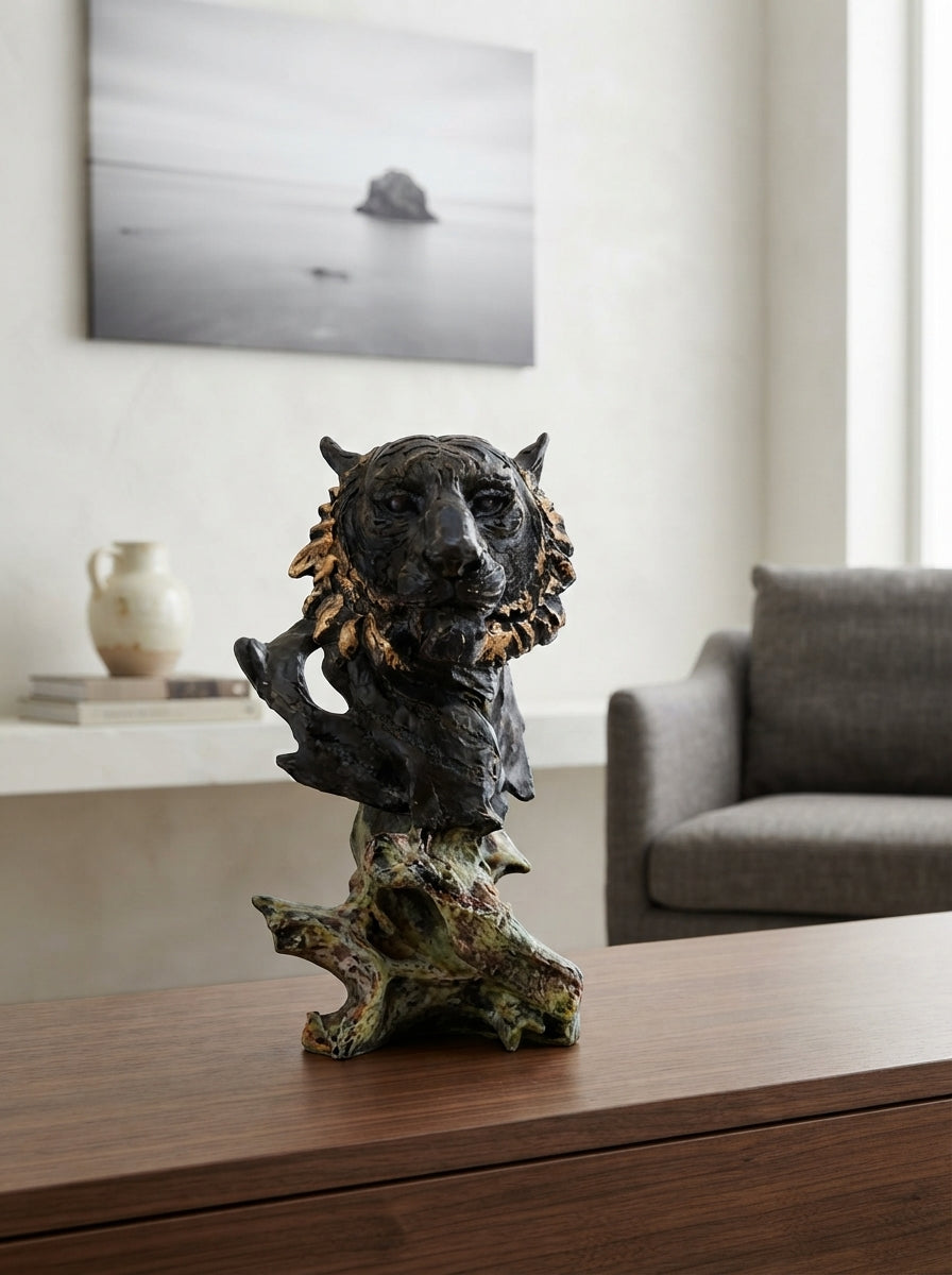 Tiger Head Bust Statue | Black Gold Wildlife Sculpture