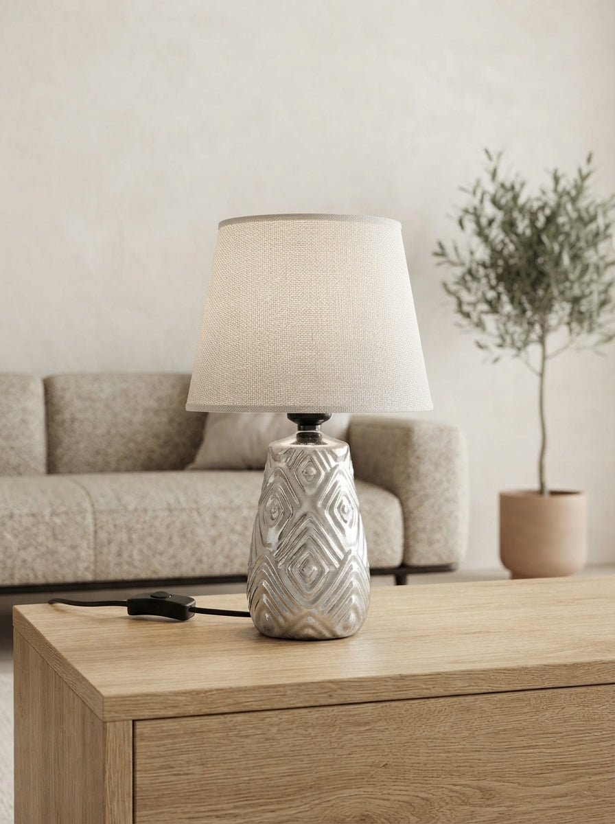Ceramic Diamond Pattern Table Lamp | White Fabric Shade