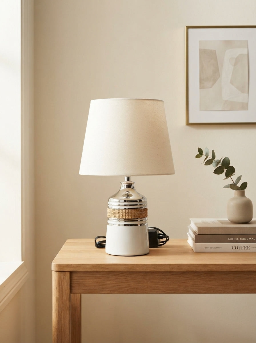 Ceramic Jar-Style Table Lamp | Ivory & Gold Band Base