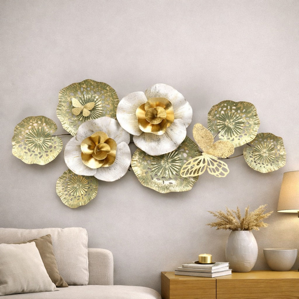 White Gold Flower Wall Art 36" x 19" – Elegant Metal Floral Wall Decor for Living Room & Bedroom