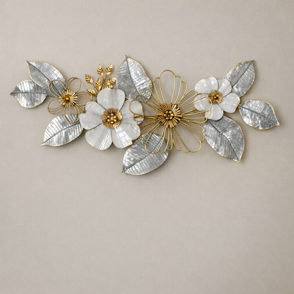 White and Golden Flowers Metal Wall Decor 50" x 26" – Elegant Large Flower Wall Art for Modern Home Interiors