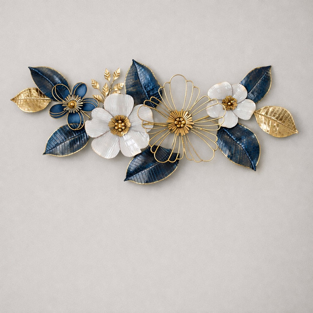 White and Golden Flowers Metal Wall Decor 50" x 26" – Elegant Large Flower Wall Art for Modern Home Interiors