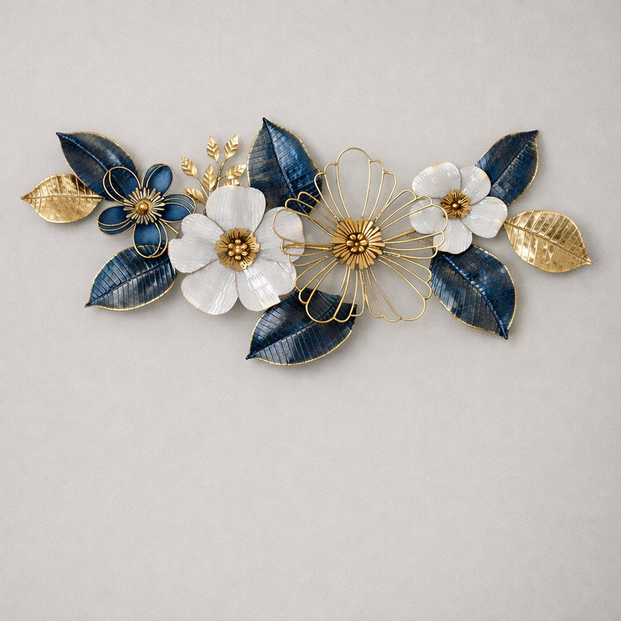 White and Golden Flowers Metal Wall Decor 50" x 26" – Elegant Large Flower Wall Art for Modern Home Interiors