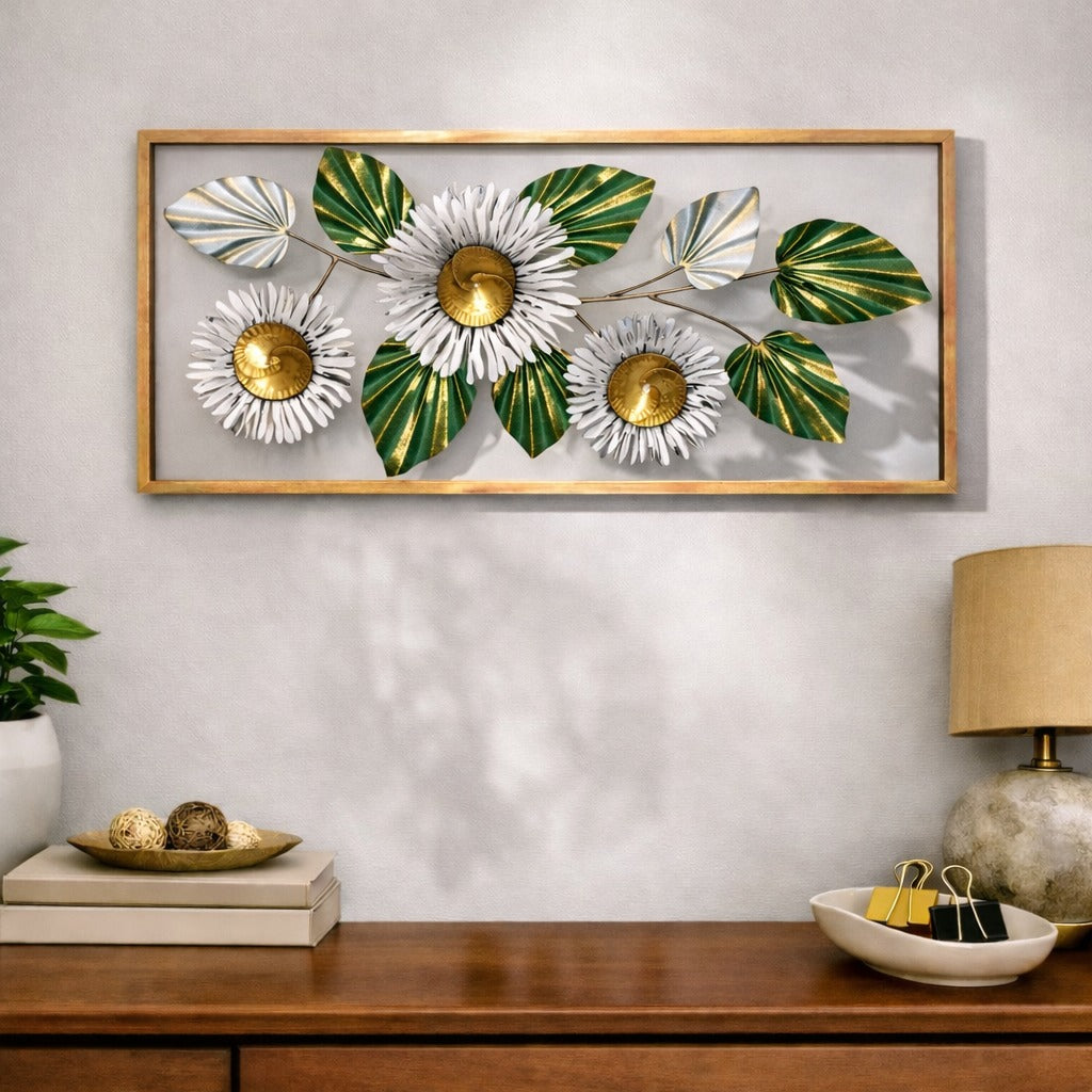 Framed 3 Flower Wall Art 38" x 18" – Decorative Metal Floral Wall Decor for Living Room & Bedroom