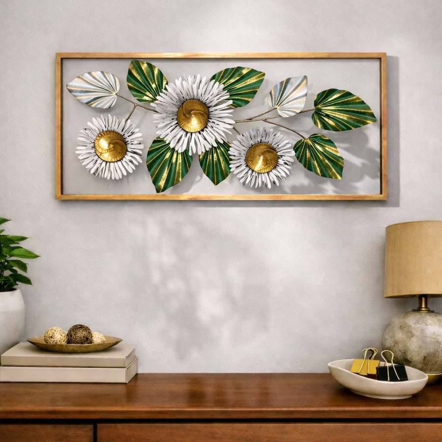 Framed 3 Flower Wall Art 38" x 18" – Decorative Metal Floral Wall Decor for Living Room & Bedroom