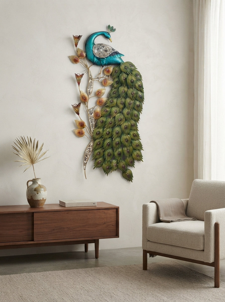 3D Metal Peacock Wall Art | Teal Green Decor
