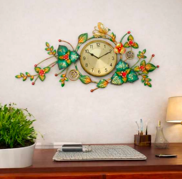 Leaf Surrounded Metal Wall Clock 42" x 22" – Decorative Nature-Inspired Clock for Living Room & Home Decor