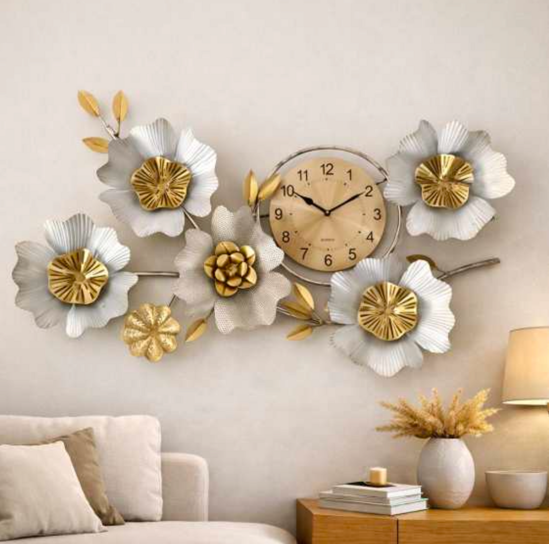 Bronze and White Floral Wall Clock 48" x 26" – Decorative Metal Flower Clock for Living Room & Home Decor