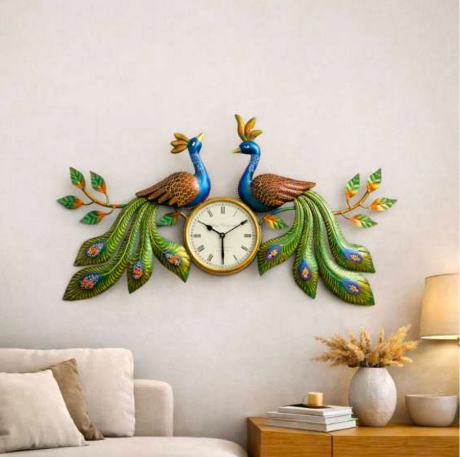 Peacock Wall Clock 30" x 18" – Decorative Metal Peacock Clock for Living Room & Home Decor