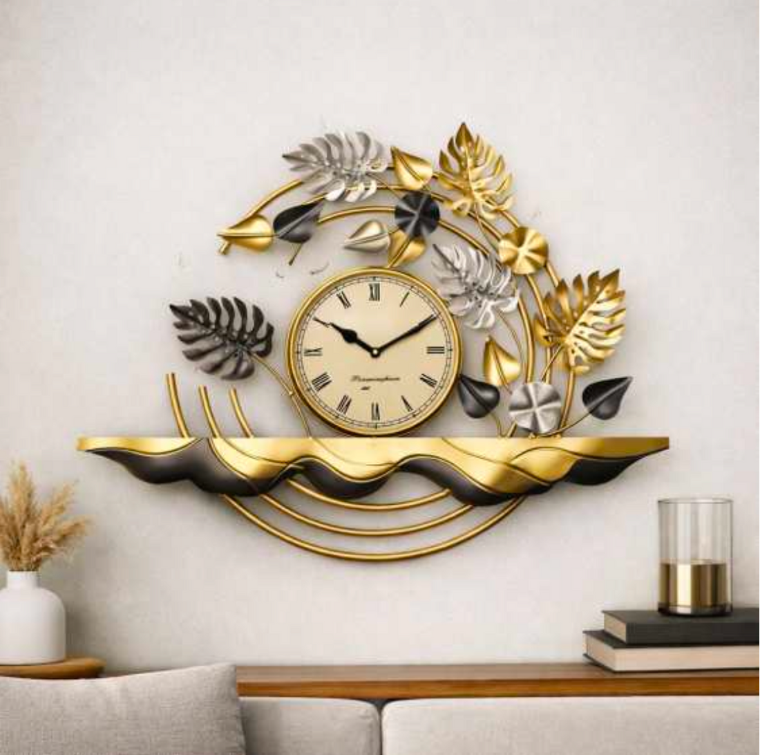 Decorative Leaf Wall Clock 28" x 25" – Elegant Metal Leaf Wall Clock for Living Room & Home Decor