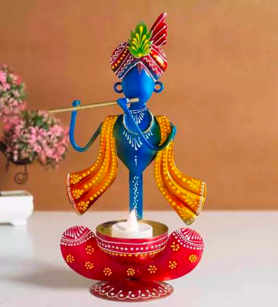 Krishna T-Light Holder Table Decor – Decorative Metal Krishna Candle Holder for Home & Spiritual Decor