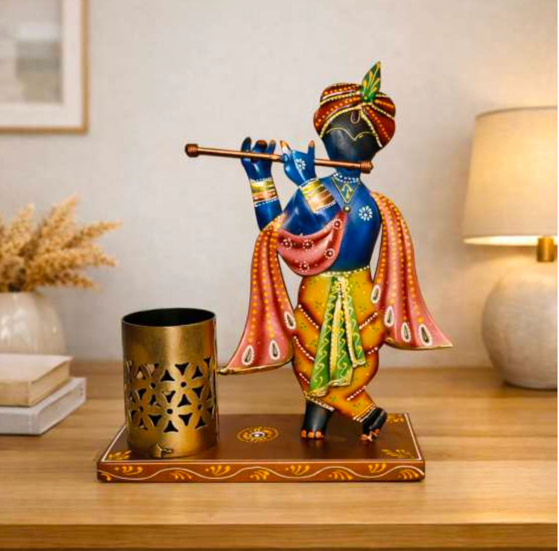 Shri Krishna with Flute T-Light Holder Table Decor – Decorative Metal Krishna Candle Holder for Home & Spiritual Decor