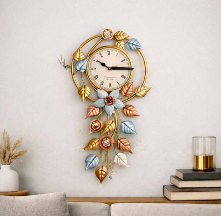 Hanging Leaves Wall Clock 14" x 30" – Decorative Metal Leaf Wall Clock for Living Room & Home Decor