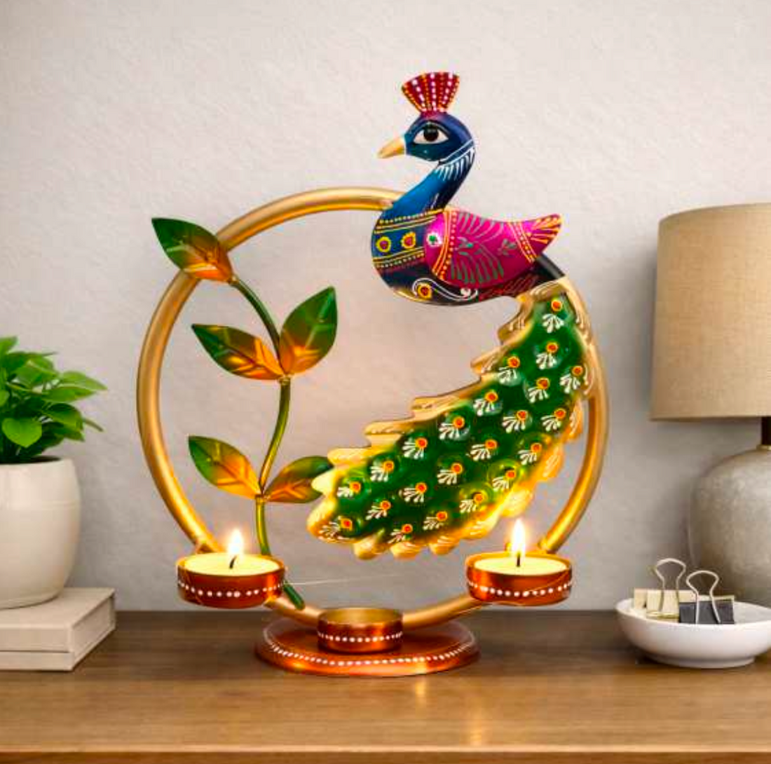 Round Peacock T-Light Table Decor – Decorative Metal Peacock Candle Holder for Home & Living Room Decor