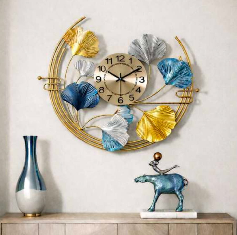 Contemporary Ginkgo Wall Clock 30 Inch – Modern Metal Nature Wall Clock for Living Room & Home Decor