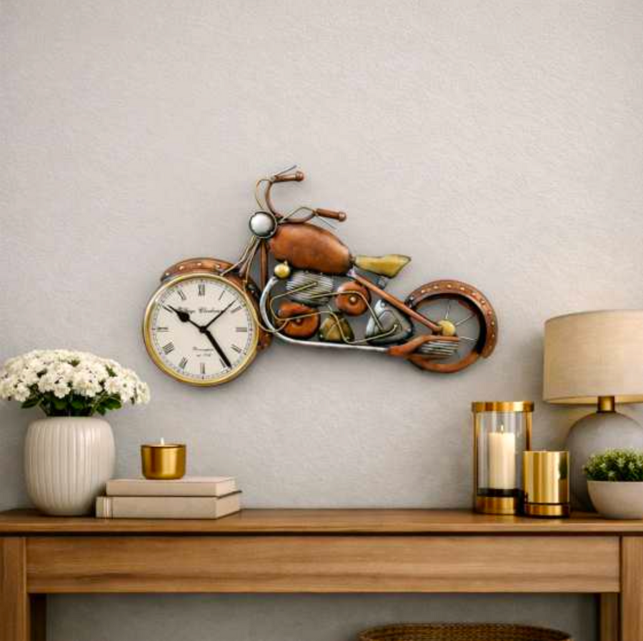 Motorcycle Wall Clock 27" x 15" – Decorative Metal Bike Wall Clock with 8 Inch Clock for Living Room & Home Decor