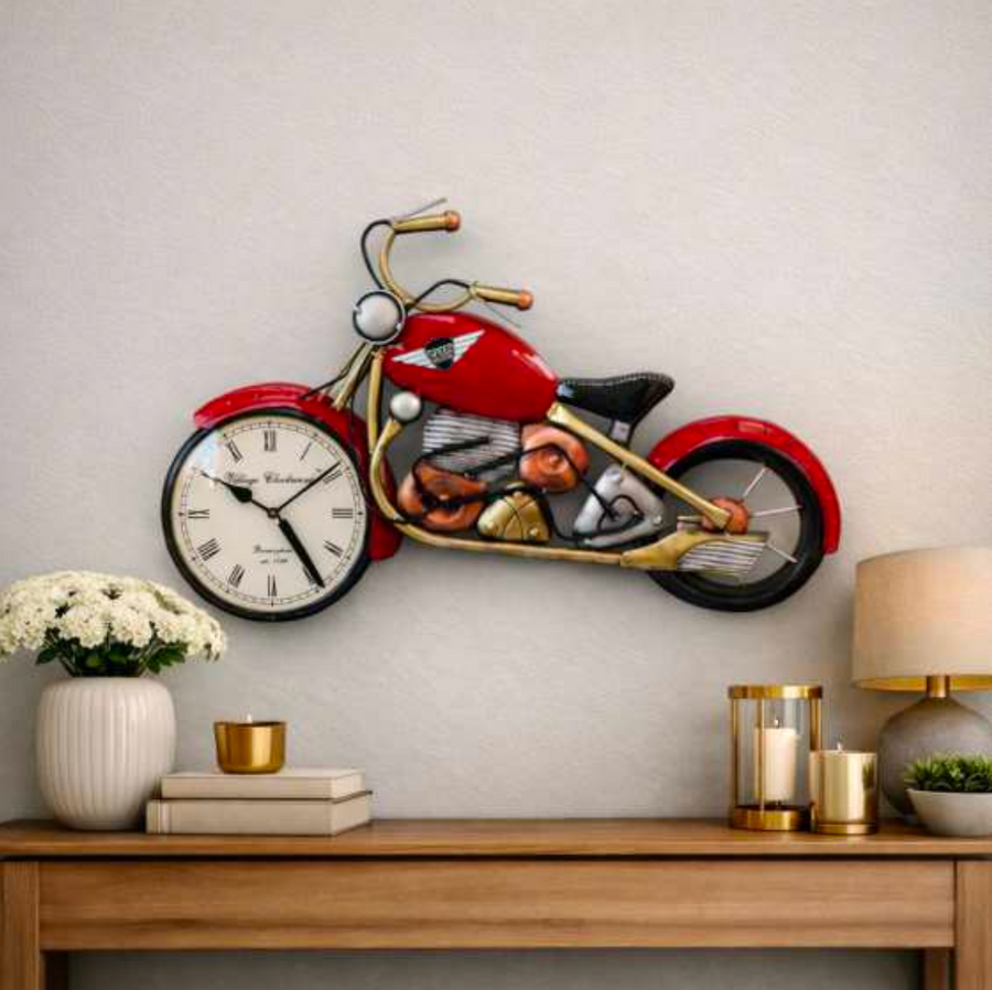 Motorcycle Wall Clock 27" x 15" – Decorative Metal Bike Wall Clock with 8 Inch Clock for Living Room & Home Decor