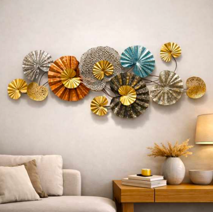 Large Multicolour Lotus Leaf Wall Art 54" x 20" – Decorative Metal Nature Wall Decor for Living Room & Home Interiors