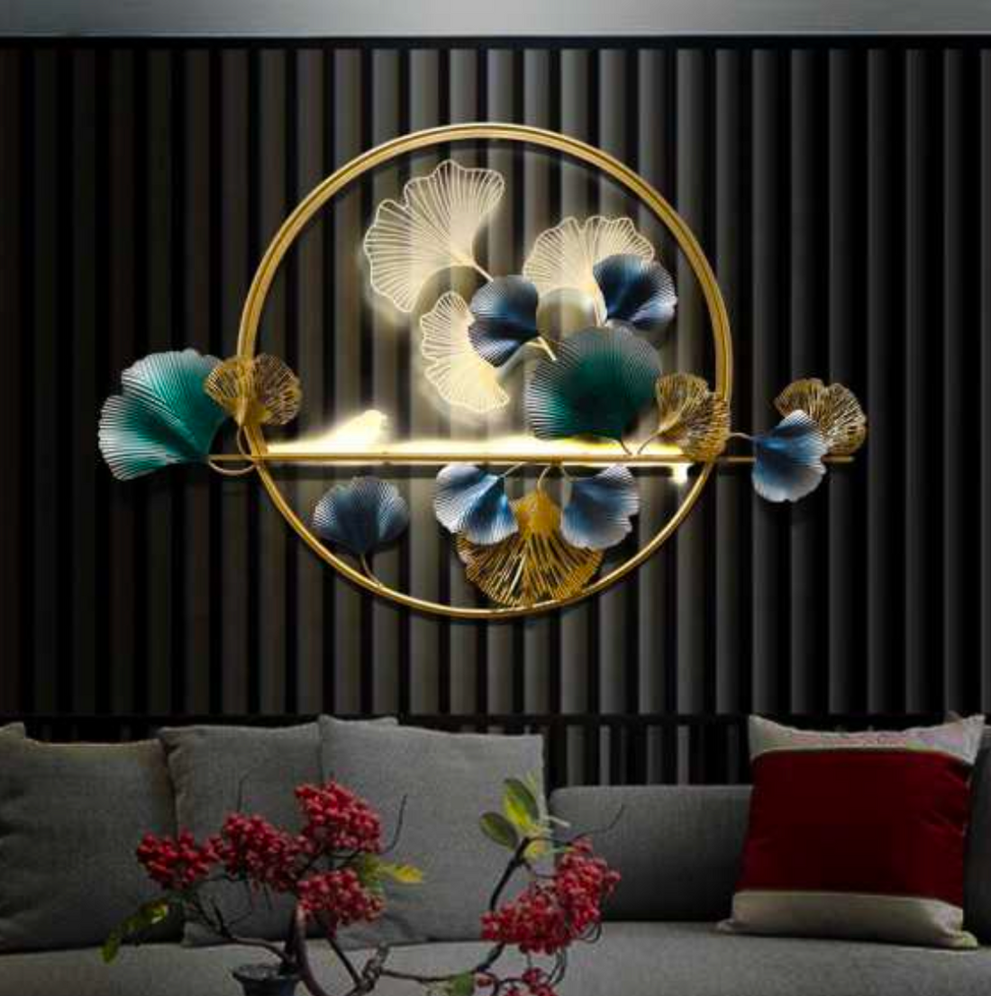 Blue and Golden Ginkgo Leaf Wall Art 48" x 24" – Decorative Metal Nature Wall Decor for Living Room & Home Interiors